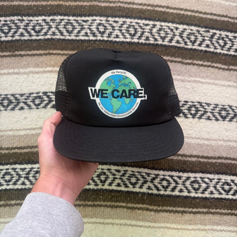 Vintage 80's We Recycle We Care Planet Earth Black Snapback Trucker Hat Cap VTG